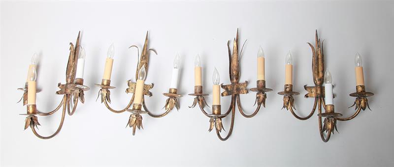 Appraisal: Set of Four Neoclassical Style Gilt-Metal Two-Light Wall Sconces x