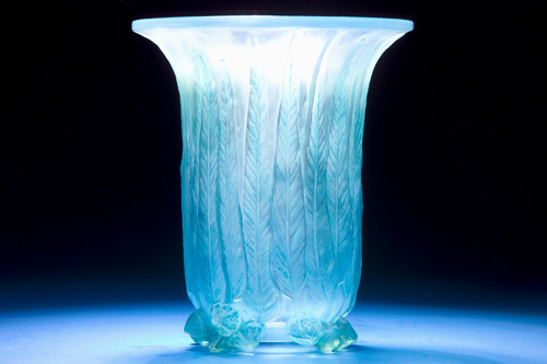 Appraisal: R LALIQUE Vase Eucalyptus opalescent with blue-green patina ca Molded