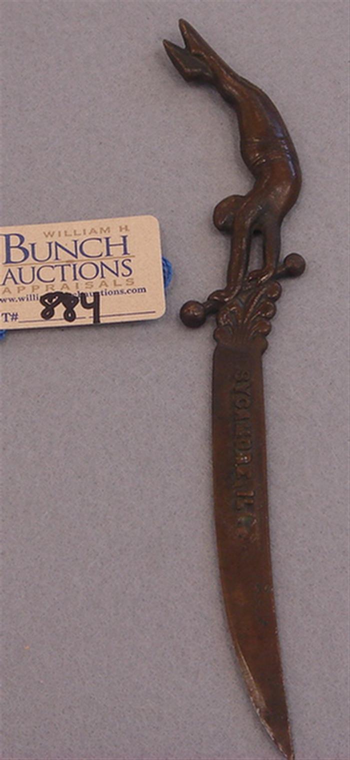 Appraisal: Vintage bronze gymnastics letter opener Featuring a male figure on