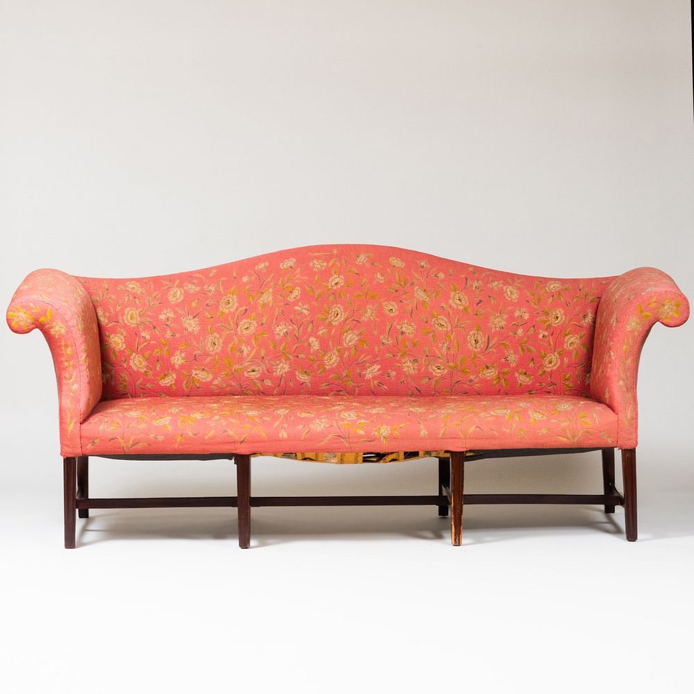 Appraisal: George III Mahogany Camel-Back Settee Fitted with floral needlework upholstery