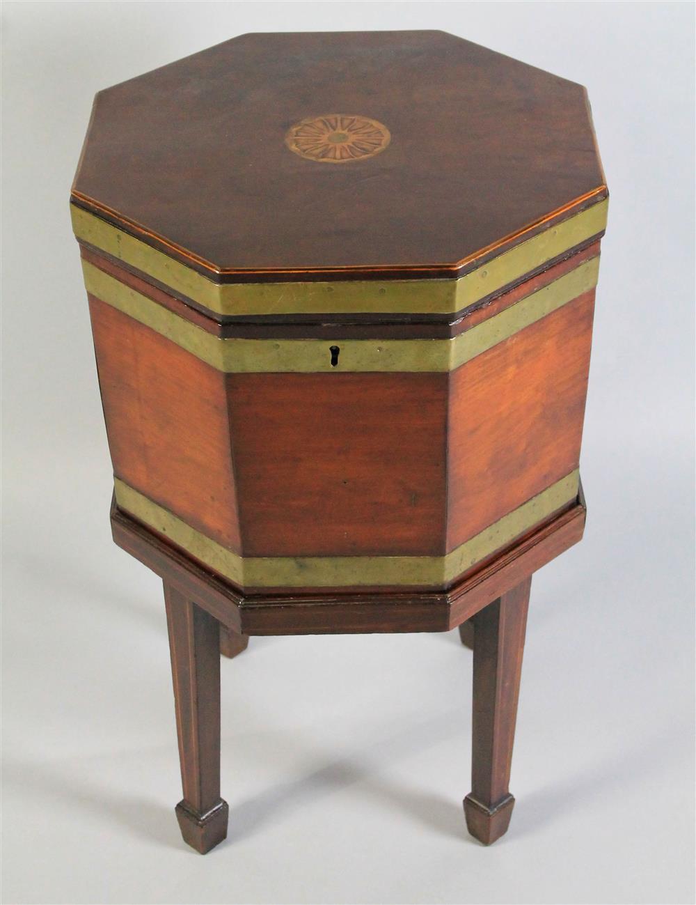 Appraisal: REGENCY STYLE INLAID MAHOGANY CELLARETTE the octagonal hinged top with