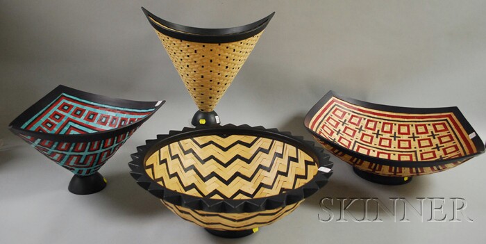 Appraisal: Four John Skau Painted Woven Splint and Wood Baskets each