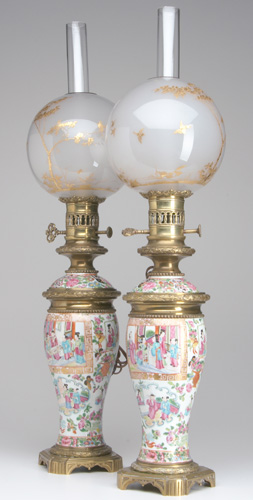 Appraisal: CHINESE EXPORT MANDARIN PORCELAIN Pair of baluster vases mounted as