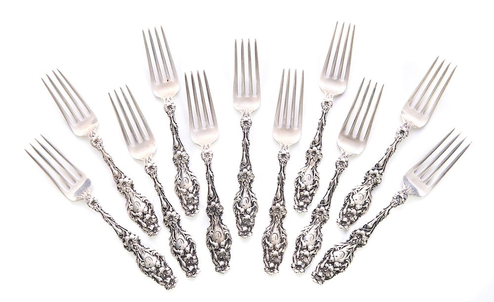 Appraisal: Ornate Sterling Silver Forks TCW OZT Signed PAT Sterling Excellent