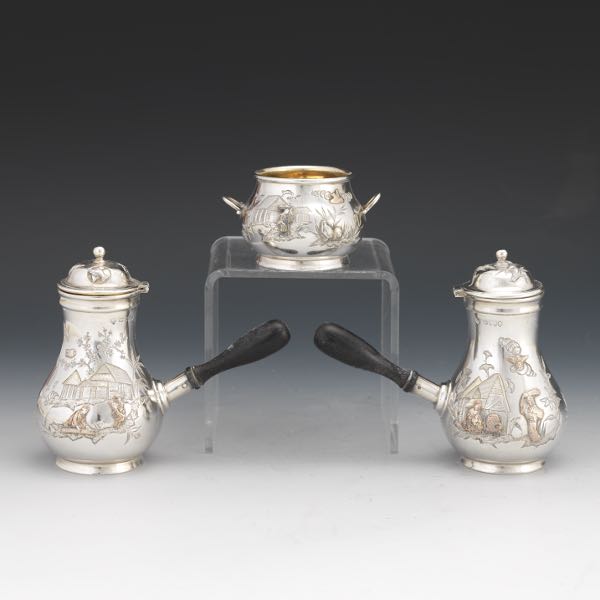 Appraisal: STERLING SILVER COFFEE POT SET WITH SUGAR RUPERT FAVELL Two