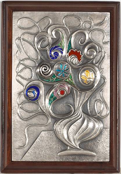 Appraisal: An Ottaviani enameled silver and rosewood Floral panel s inscribed