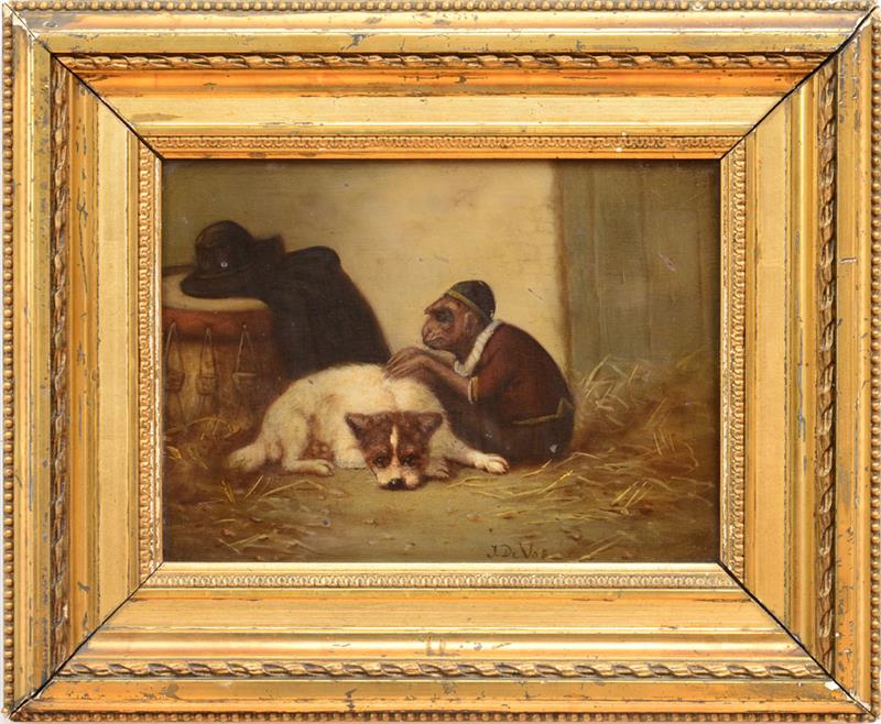 Appraisal: NORTHERN EUROPEAN SCHOOL MONKEY WITH DOG Oil on board signed