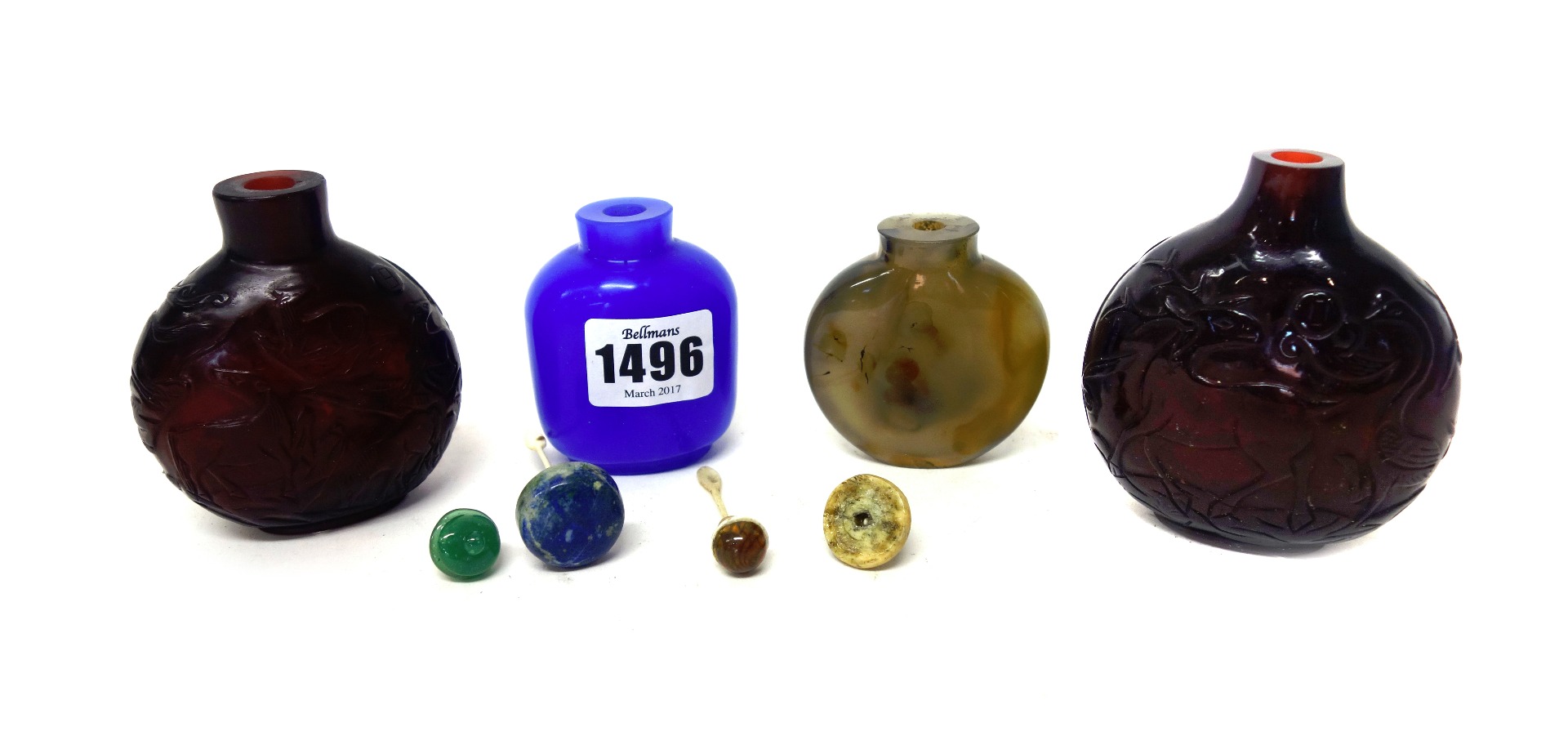 Appraisal: Four Chinese snuff bottles th century including two ruby glass