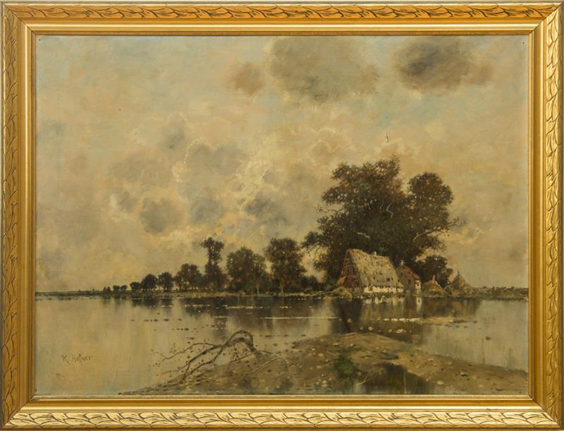 Appraisal: KARL HEFFNER - WATERSIDE LANDSCAPE Oil on canvas signed 'K