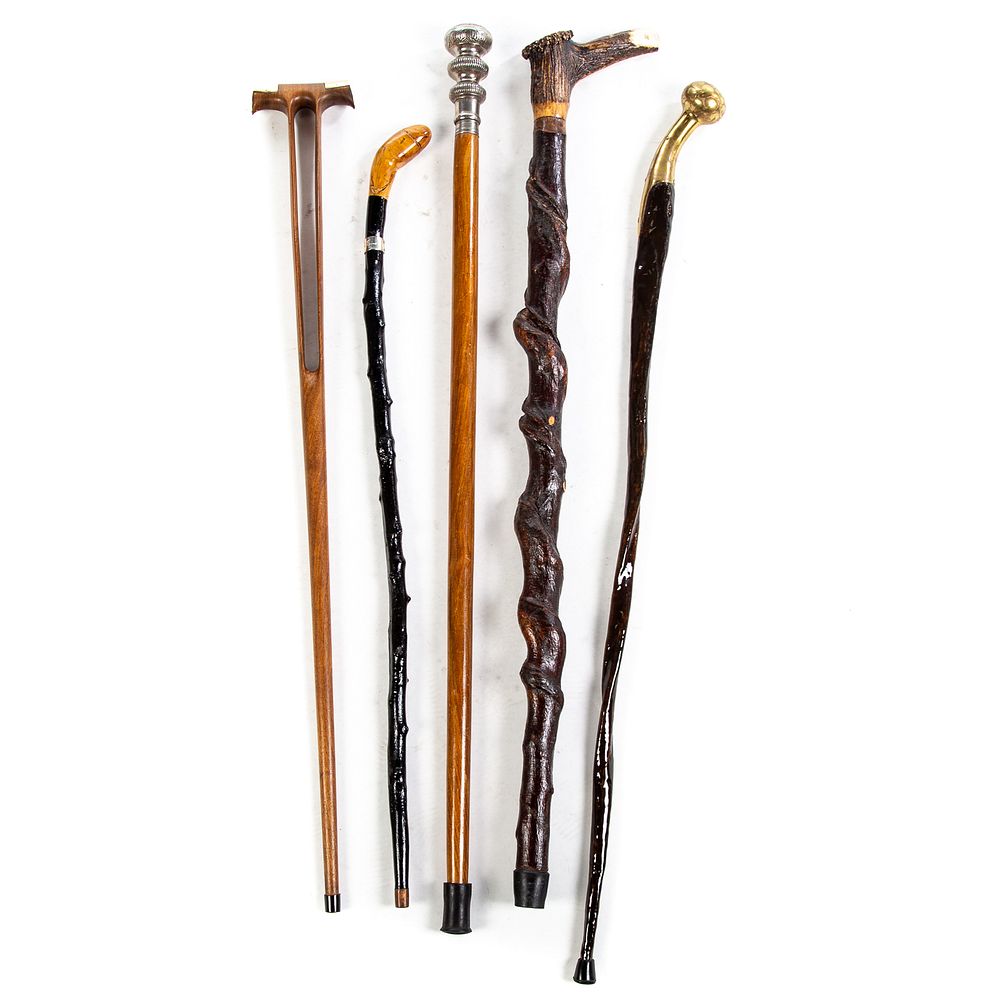 Appraisal: Five Assorted Wood Canes Walking Sticks Includes lacquered wood shaft