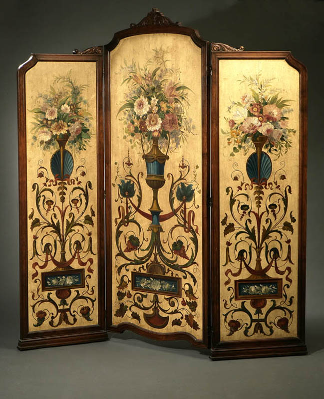 Appraisal: A Continental painted three panel floor screen A Continental painted