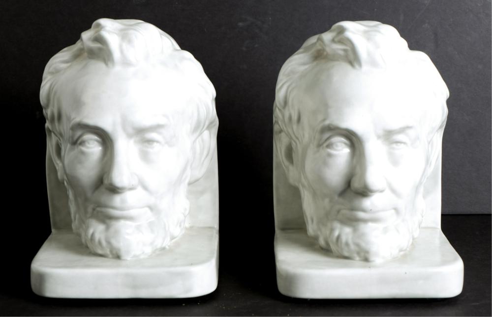 Appraisal: PAIR WHITE GLAZED CERAMIC LINCOLN BOOKENDS Likely Yozie Mold Company