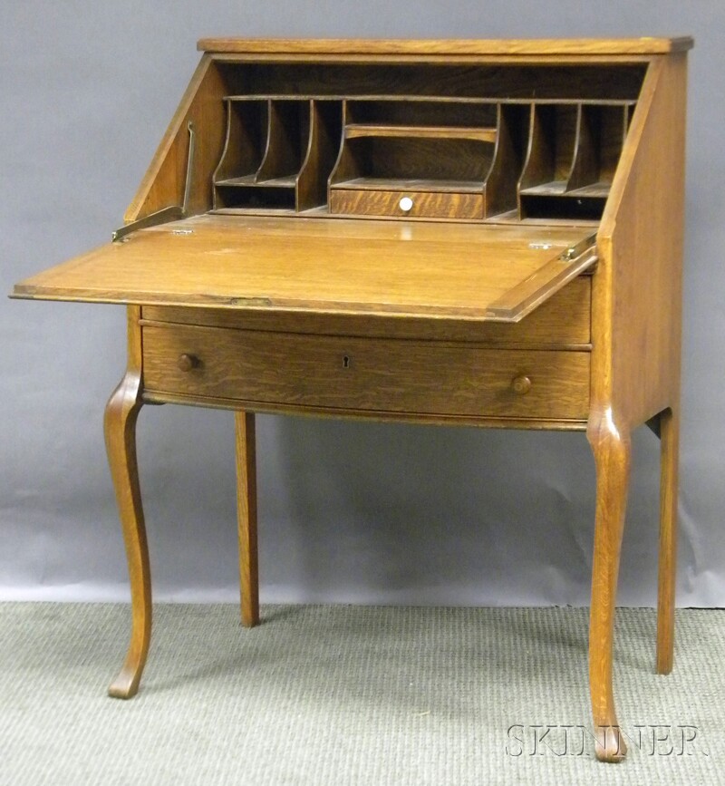 Appraisal: Early th Century Lady's Oak Slant-lid Bowfront Writing Desk ht