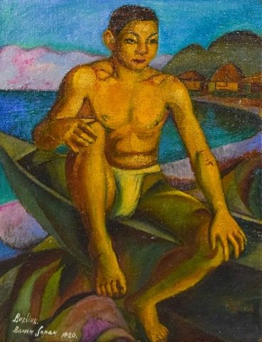 Appraisal: David Burliuk Oil on Burlap Fisherman Bonin David Davidovich Burliuk