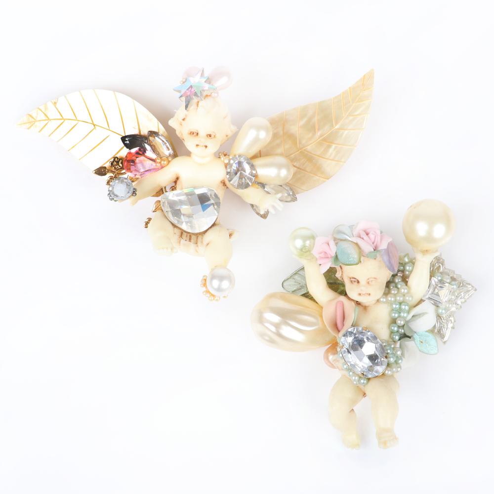 Appraisal: TWO WENDY GELL LARGE CHERUB PUTTI PINS WITH FAUX PEARLS