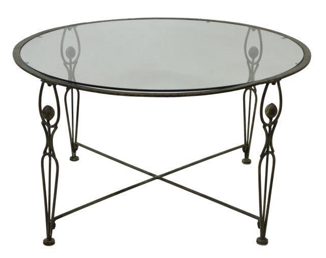 Appraisal: Giacometti style coffee table th c inset glass top iron