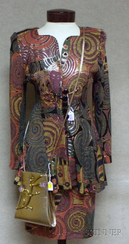 Appraisal: Two-piece Printed Suit and a Gold Leather and Purple Quartz