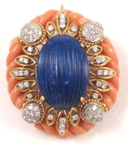 Appraisal: LAPIS CORAL DIAMOND AND FOURTEEN KARAT GOLD PENDANT BROOCH x