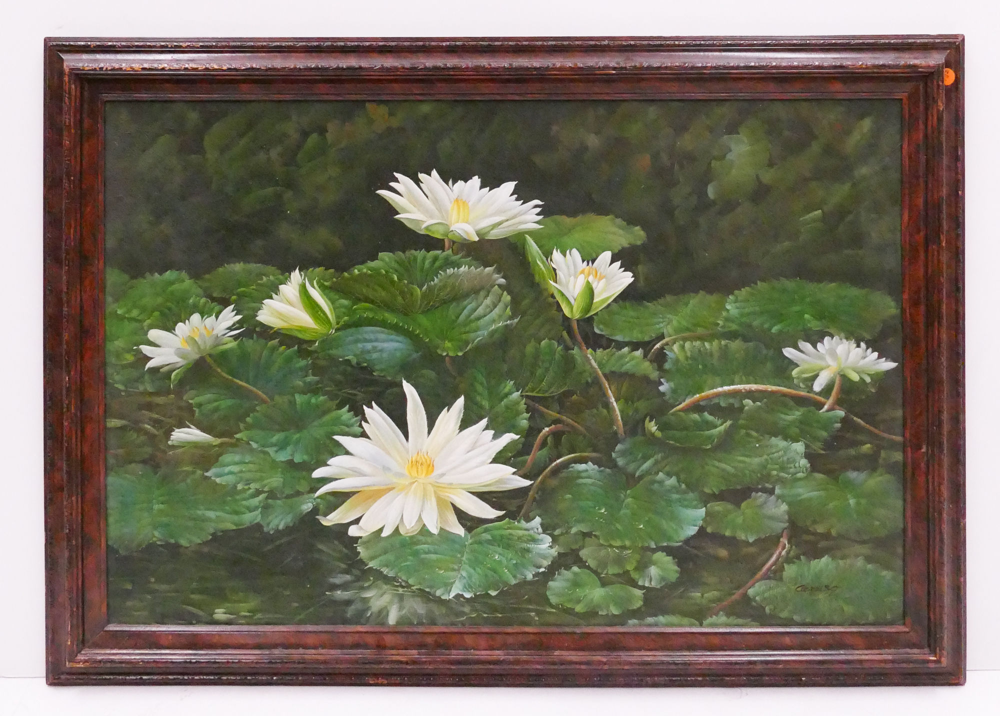 Appraisal: Lotus Flowers Painting signed Caruso Framed measures x ''