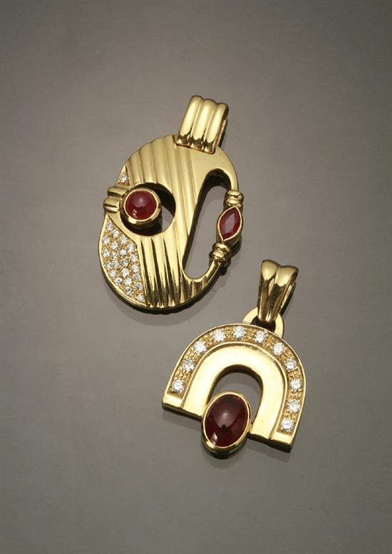 Appraisal: Two -Karat Yellow-Gold Diamond and Ruby Pendants The larger pendant