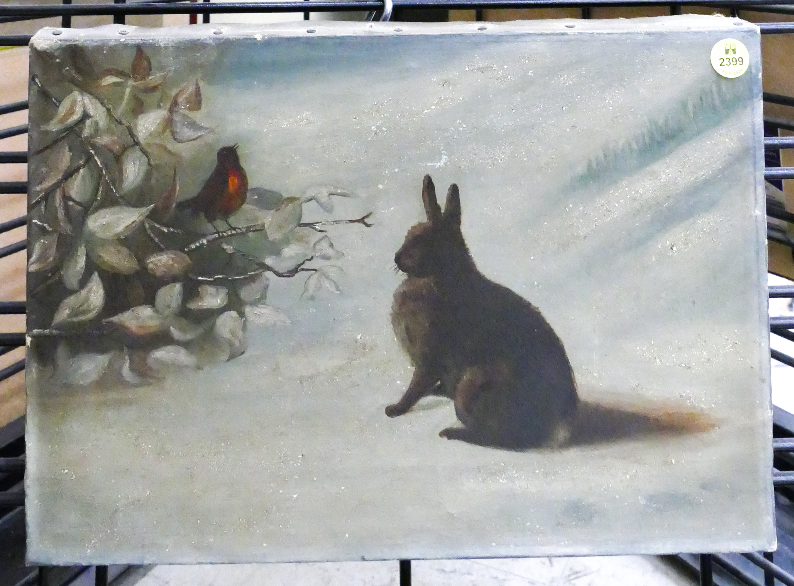 Appraisal: Antique Rabbit Winter Scene Oil on Canvas- x ''