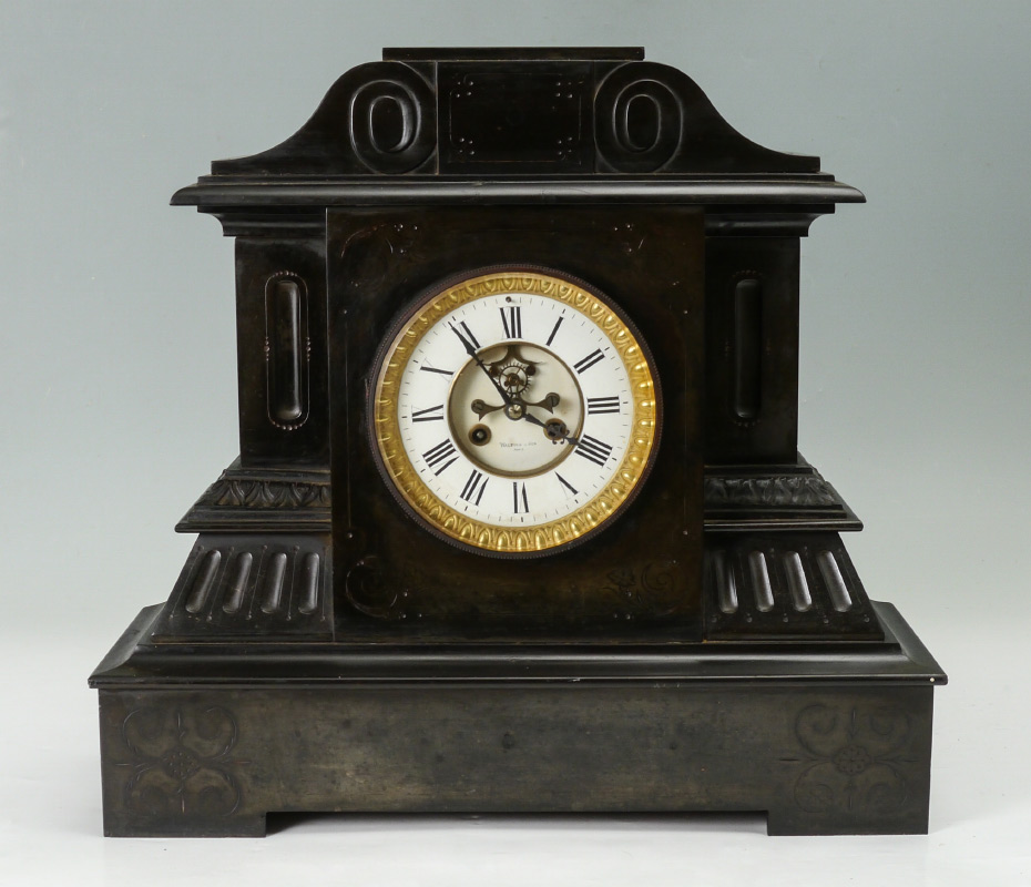 Appraisal: FRENCH BLACK SLATE MANTLE CLOCK Heavy carved black slate case