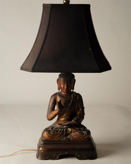 Appraisal: An Early Buddha Figure converted to lamp carved wood gilt