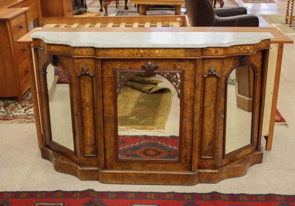 Appraisal: VICTORIAN INLAID MARBLE-TOP CREDENZA English th century having three mirror-paneled