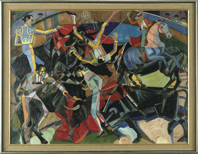 Appraisal: WILLIAM SHARP American - CORRIDA Oil on masonite modernistic abstract