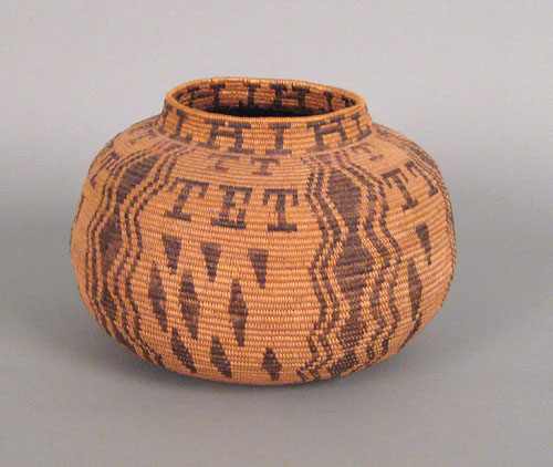 Appraisal: California coiled basketry jar ca the rim decorated with repeating