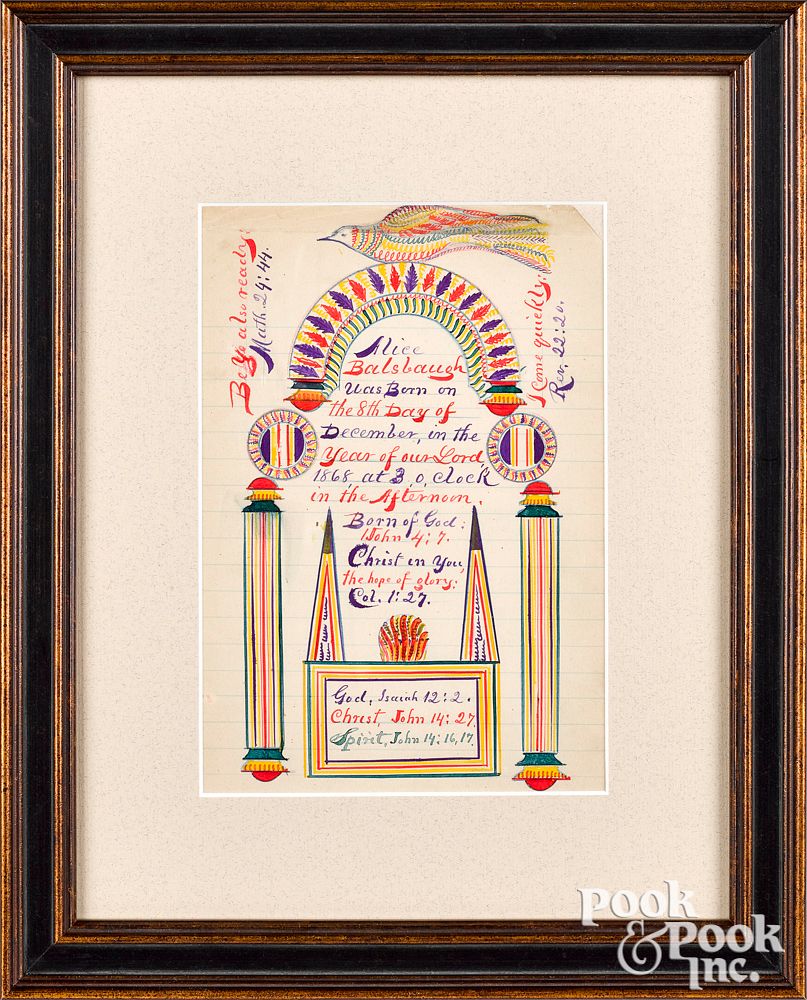 Appraisal: Pennsylvania watercolor and ink fraktur drawing Vibrant Pennsylvania watercolor and