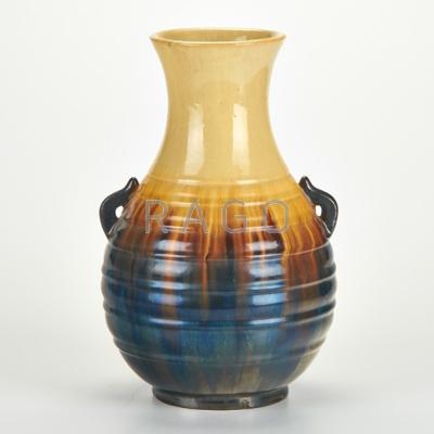 Appraisal: FULPER Bulbous ribbed vase in Cat s Eye flambe glaze