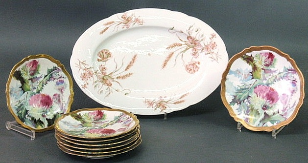 Appraisal: Oval ceramic platter l and eight Austrian thistle decorated plates