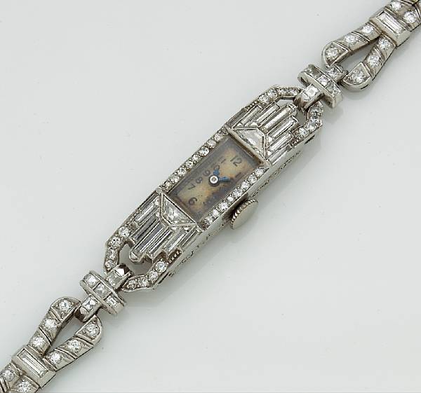 Appraisal: A diamond integral bracelet wristwatch mounted in platinum overall length