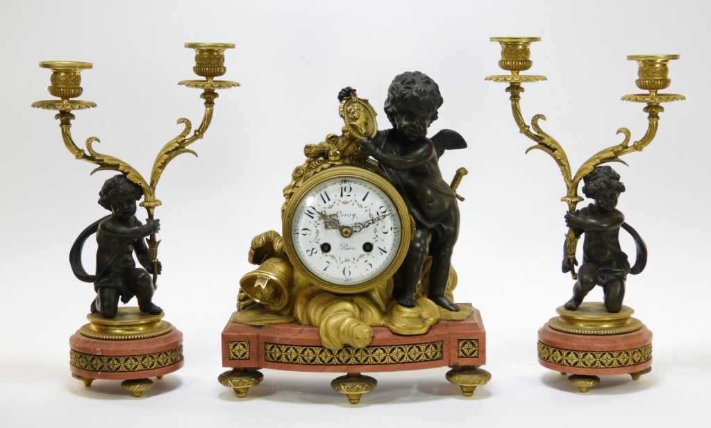 Appraisal: C FRENCH LEROY ORMOLU BRONZE CLOCK GARNITURE SET France rd