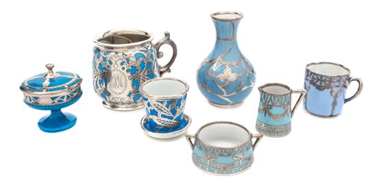 Appraisal: Sale Lot A Group of Porcelain Silver Overlay Articles of