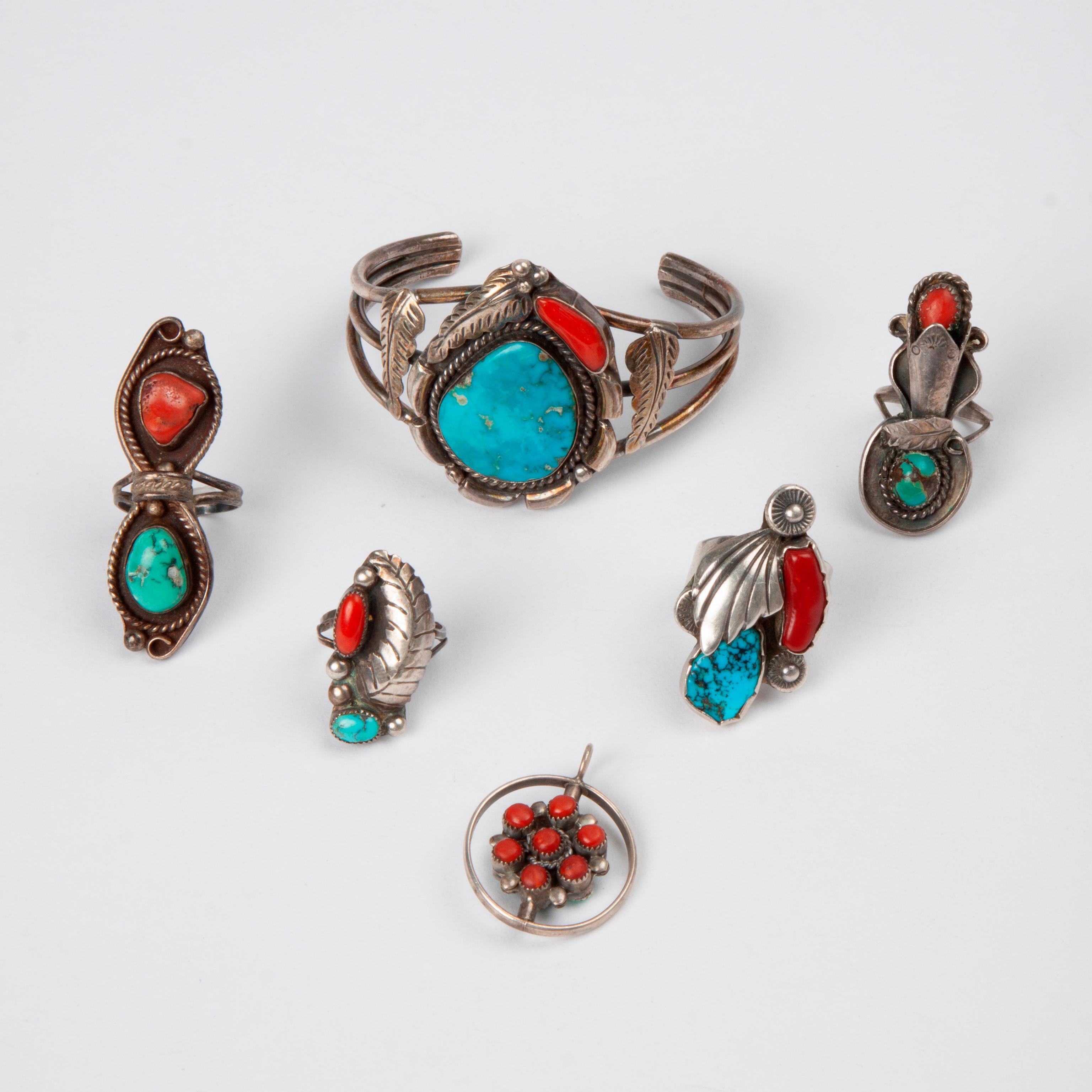 Appraisal: GROUP OF NATIVE AMERICAN TURQUOISE CORAL JEWELRY PIECES A group