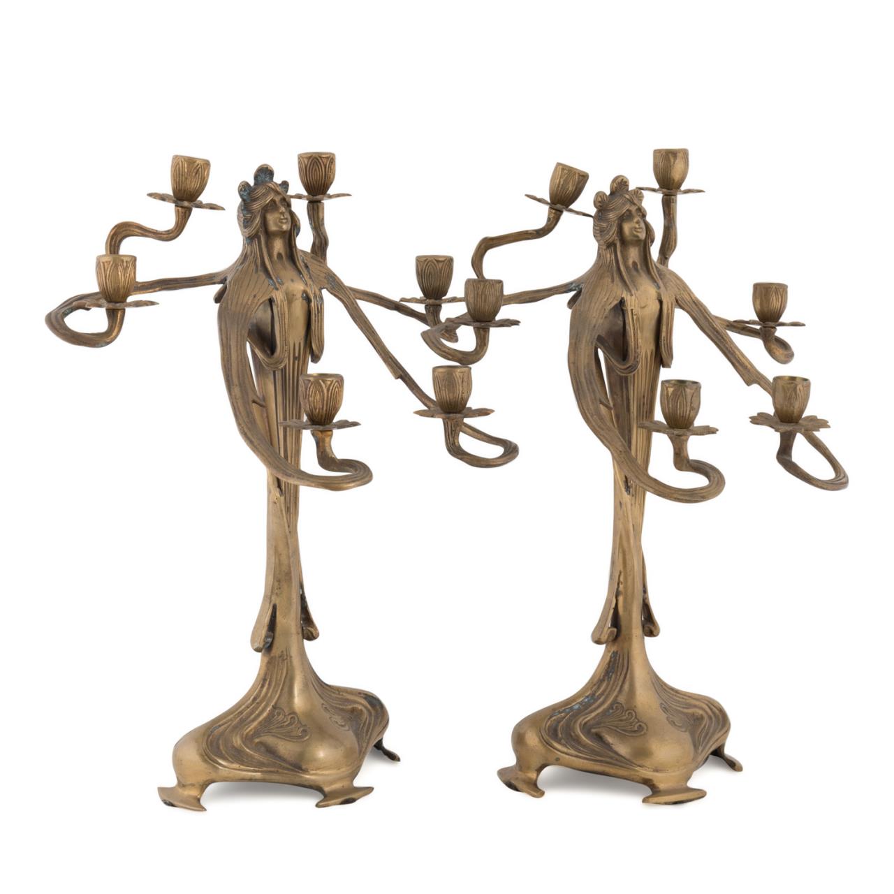 Appraisal: PAIR ART NOUVEAU FIGURAL SIX LIGHT CANDELABRA Pair of Continental