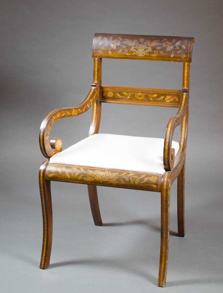 Appraisal: DUTCH MARQUETRY KLISMOS ARMCHAIR Netherlands th century the mahogany chair