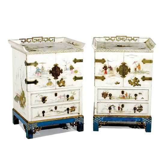 Appraisal: Pair chinoiserie-decorated side cabinets early th century pierced gallery and