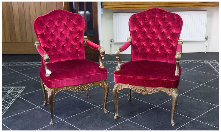 Appraisal: Pair Of Brass Framed Arm Chairs Red Upholstered Button Back