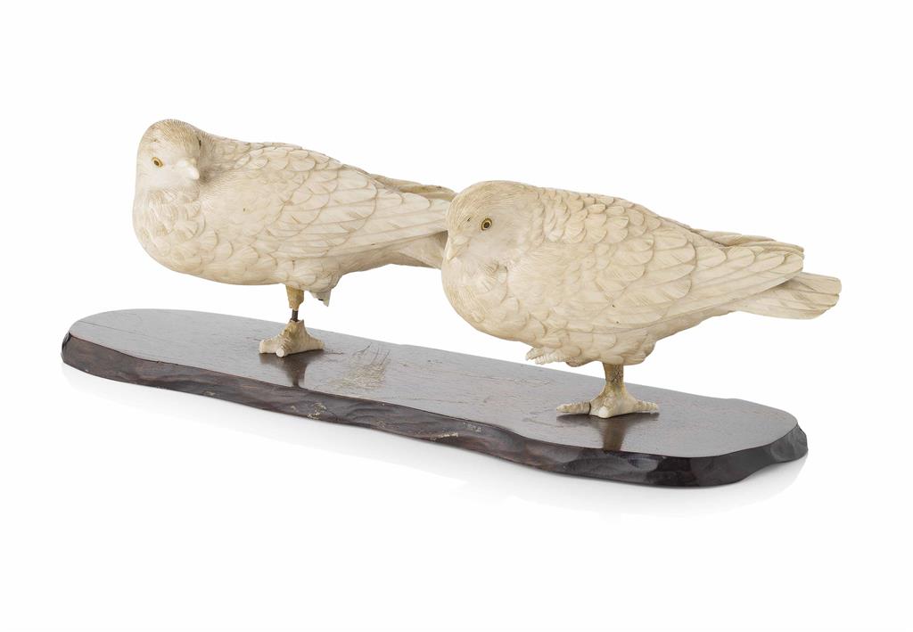 Appraisal: YJAPANESE CARVED IVORY OKIMONO OF TWO BIRDS SIGNED MITSUHIRO MEIJI