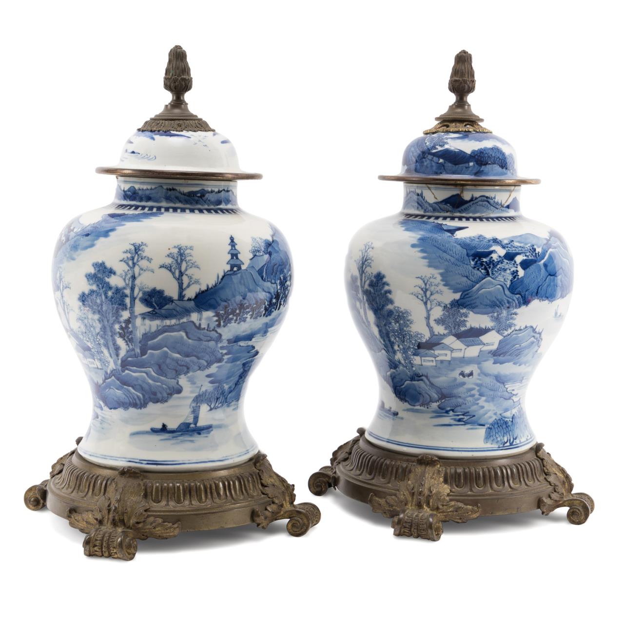 Appraisal: PAIR BRONZE MOUNTED CHINESE BLUE WHITE JARS Pair bronze mounted