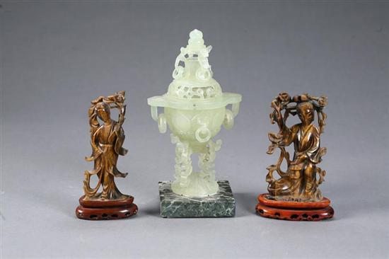 Appraisal: THREE CARVINGS Asian th century Two women with flowering branches