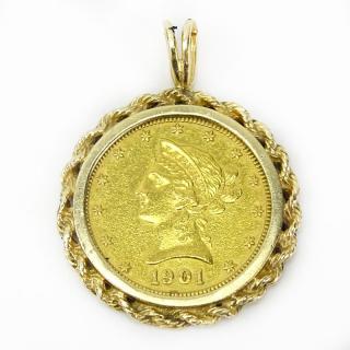 Appraisal: US Coronet Head Gold Coin in Karat Yellow Gold Pendant