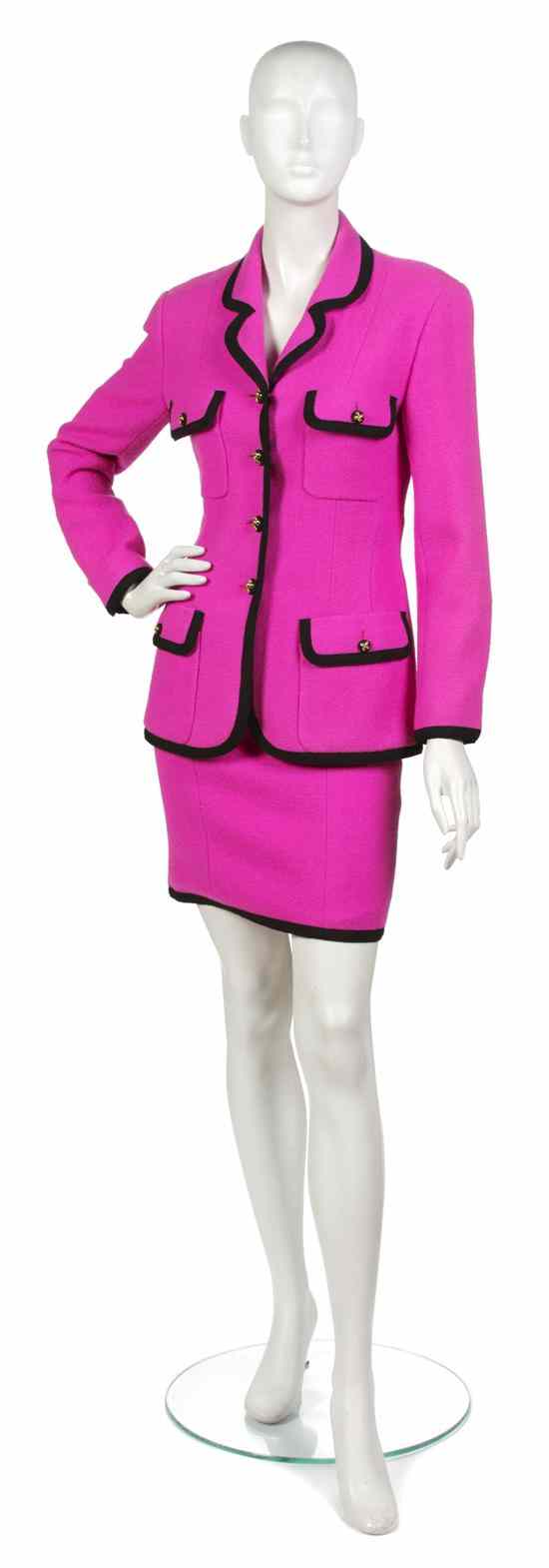 Appraisal: A Chanel Bright Pink Wool Skirt Suit Collection black trim