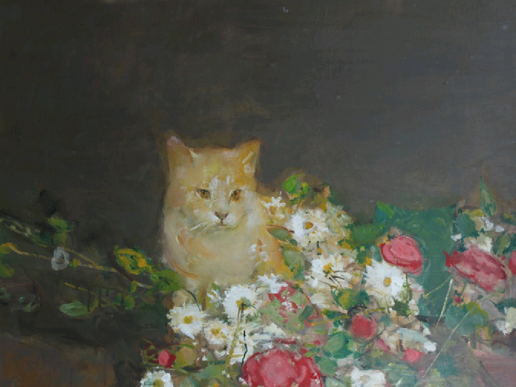 Appraisal: RUSKIN SPEAR A cat and flowers signed oil on canvas