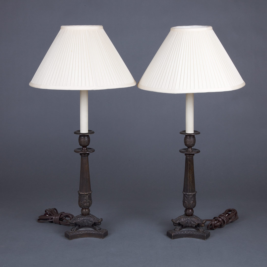 Appraisal: Pair of Empire Style Patinated-Metal Candlestick Lamps