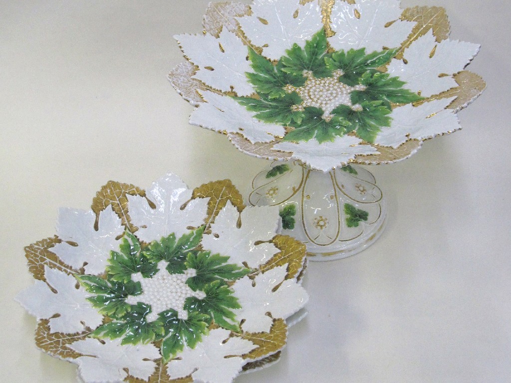 Appraisal: Meissen porcelain leaf shaped tazza and two matching plates decorated