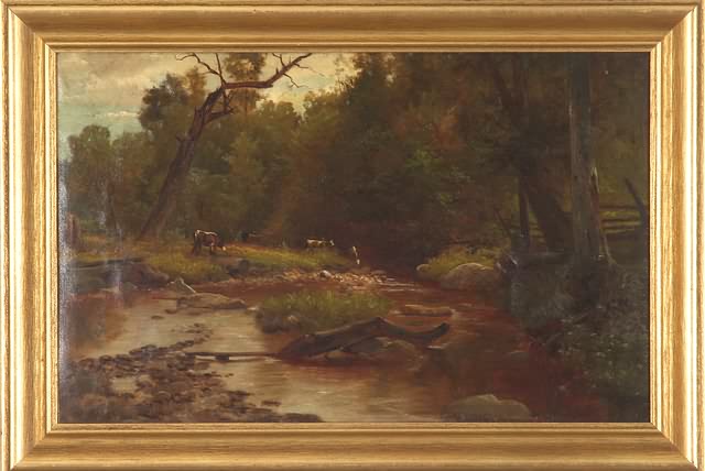 Appraisal: Creekside landscape with cattle grazing oil on canvas relined x